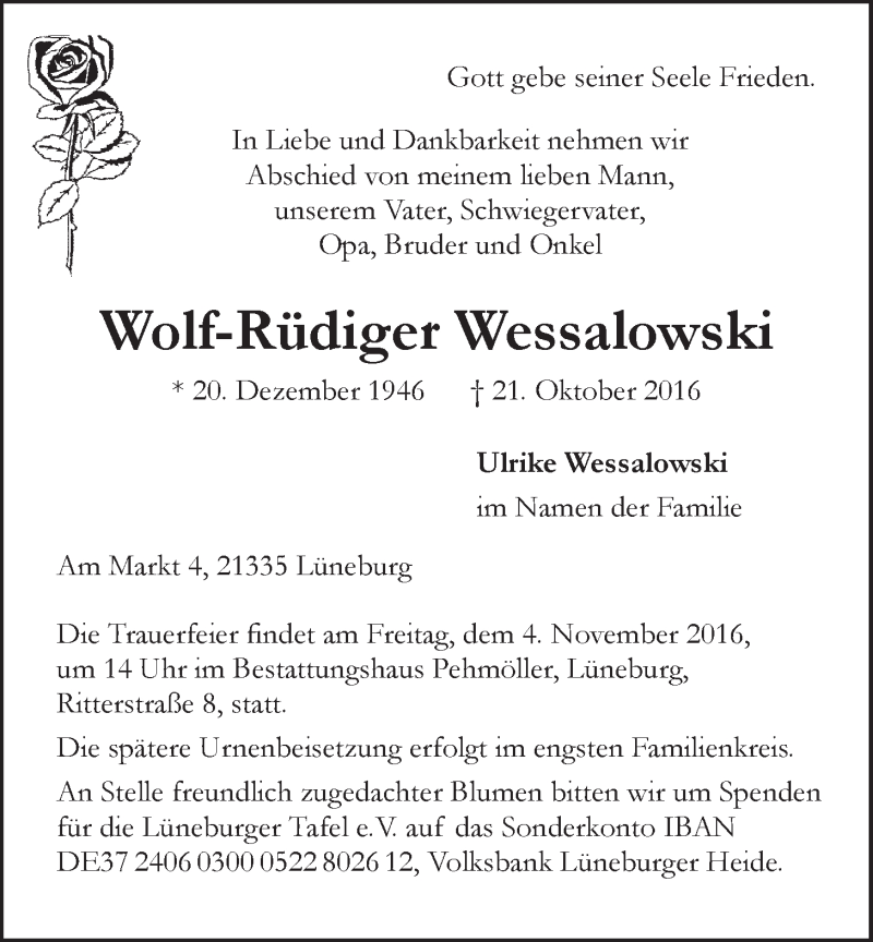  Traueranzeige für Wolf-Rüdiger Wessalowski vom 31.10.2016 aus LZ