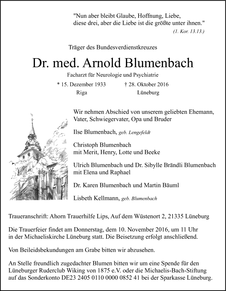  Traueranzeige für Arnold Blumenbach vom 05.11.2016 aus LZ