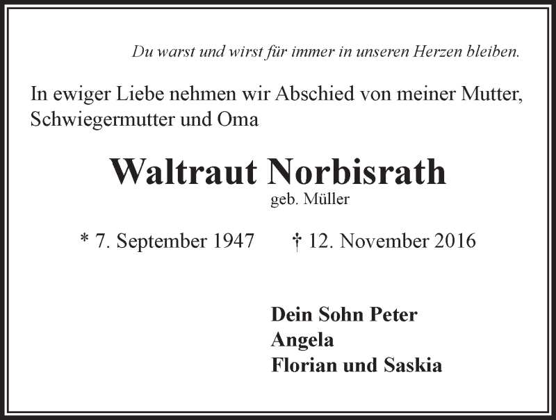  Traueranzeige für Waltraut Norbisrath vom 23.11.2016 aus LZ