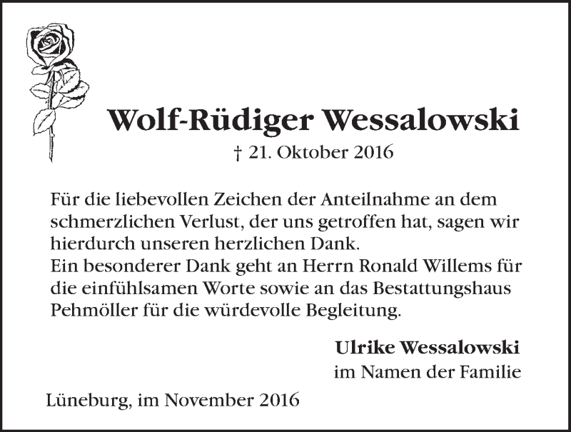  Traueranzeige für Wolf-Rüdiger Wessalowski vom 26.11.2016 aus LZ