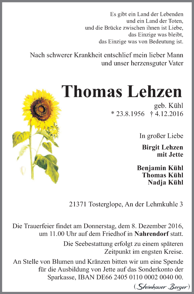  Traueranzeige für Thomas Lehzen vom 06.12.2016 aus LZ