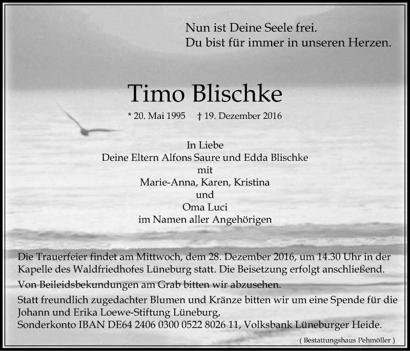  Traueranzeige für Timo Blischke vom 24.12.2016 aus LZ