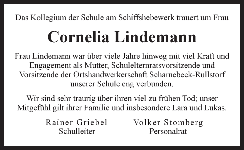  Traueranzeige für Cornelia Lindemann vom 03.02.2016 aus LZ
