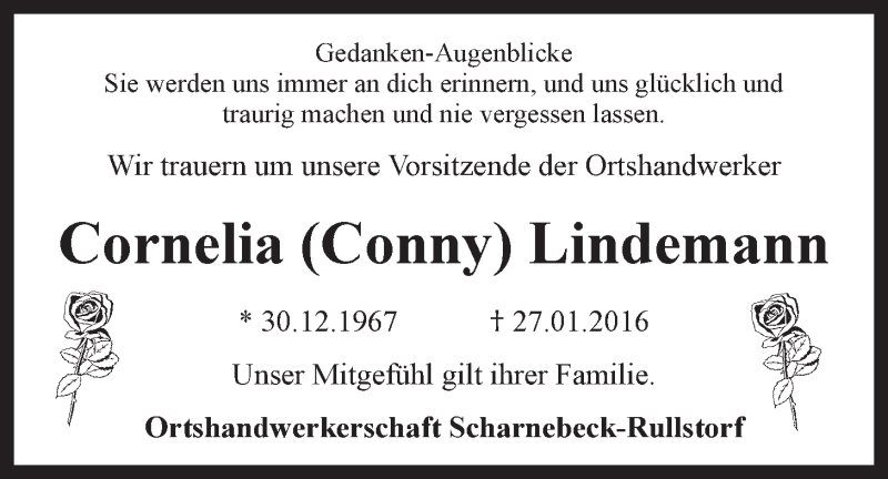  Traueranzeige für Cornelia Lindemann vom 03.02.2016 aus LZ