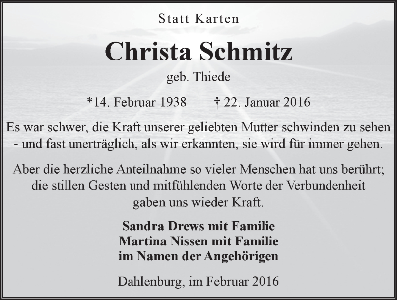  Traueranzeige für Christa Schmitz vom 13.02.2016 aus LZ