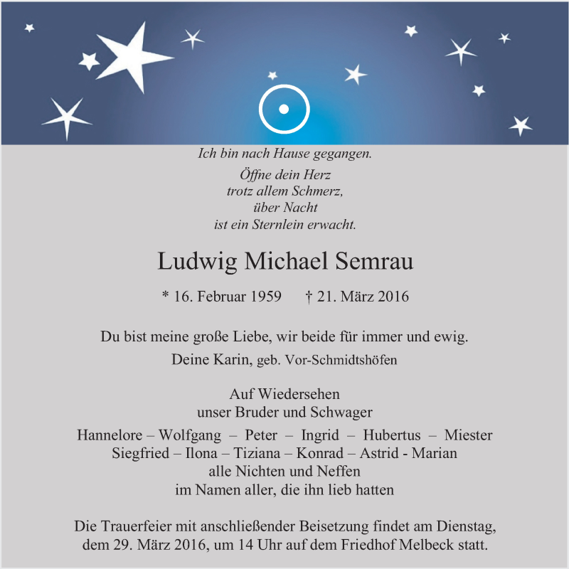  Traueranzeige für Ludwig Michael Semrau vom 24.03.2016 aus LZ