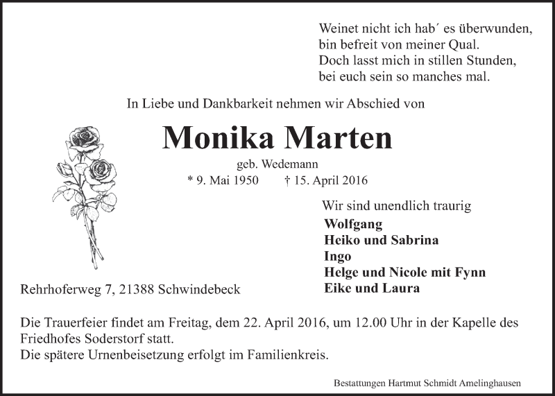  Traueranzeige für Monika Marten vom 18.04.2016 aus LZ