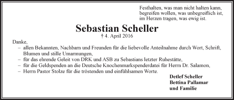  Traueranzeige für Sebastian Scheller vom 07.05.2016 aus LZ