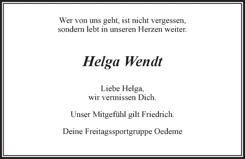  Traueranzeige für Helga Wendt vom 03.05.2016 aus LZ