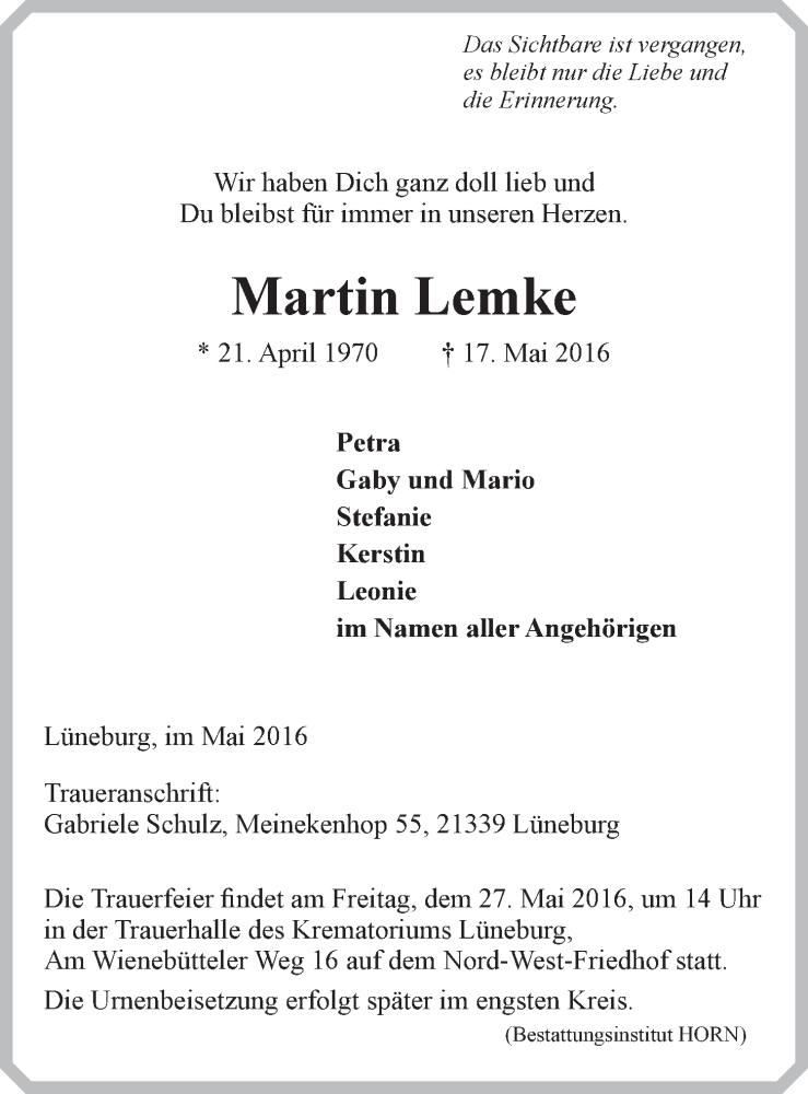  Traueranzeige für Martin Lemke vom 21.05.2016 aus LZ