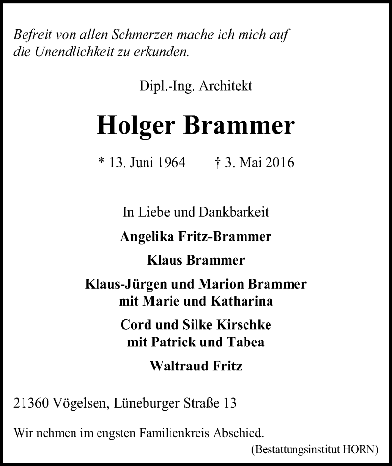  Traueranzeige für Holger Brammer vom 06.05.2016 aus LZ