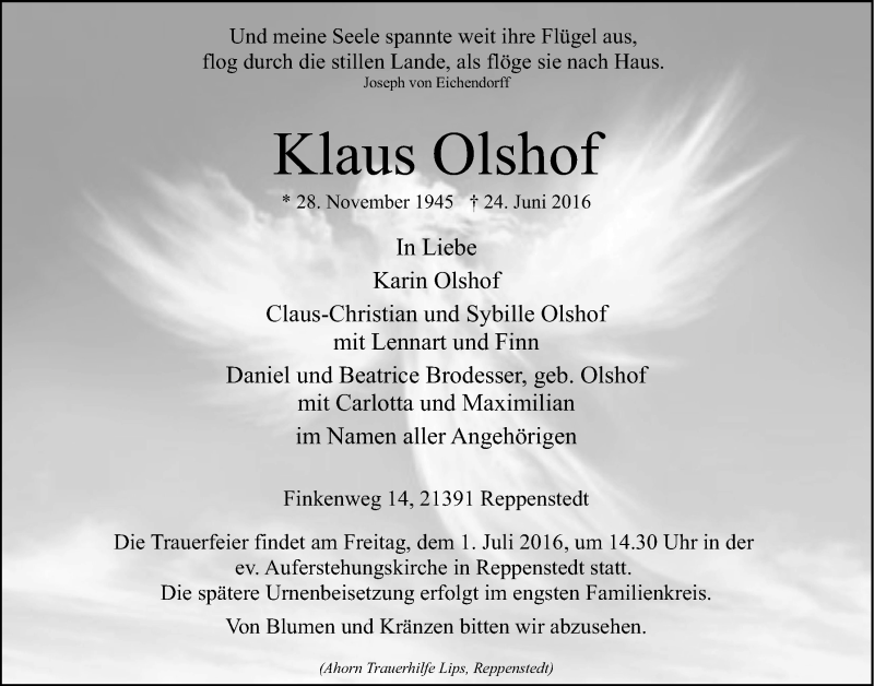  Traueranzeige für Klaus Olshof vom 28.06.2016 aus LZ