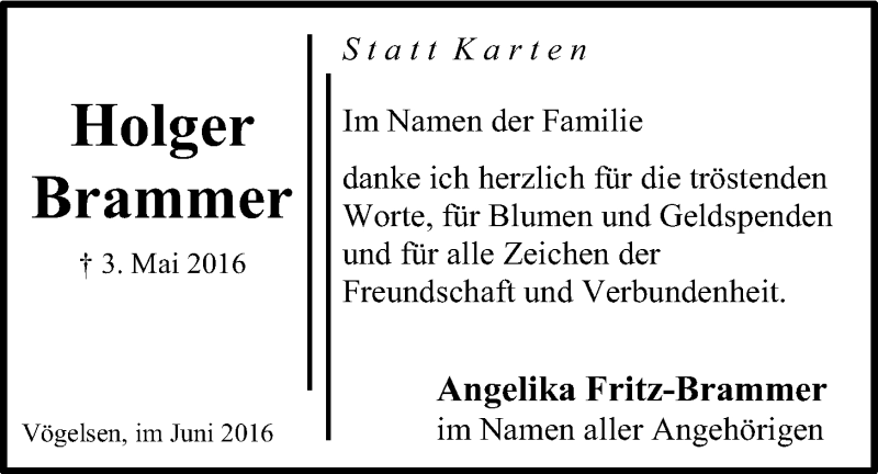  Traueranzeige für Holger Brammer vom 02.06.2016 aus LZ
