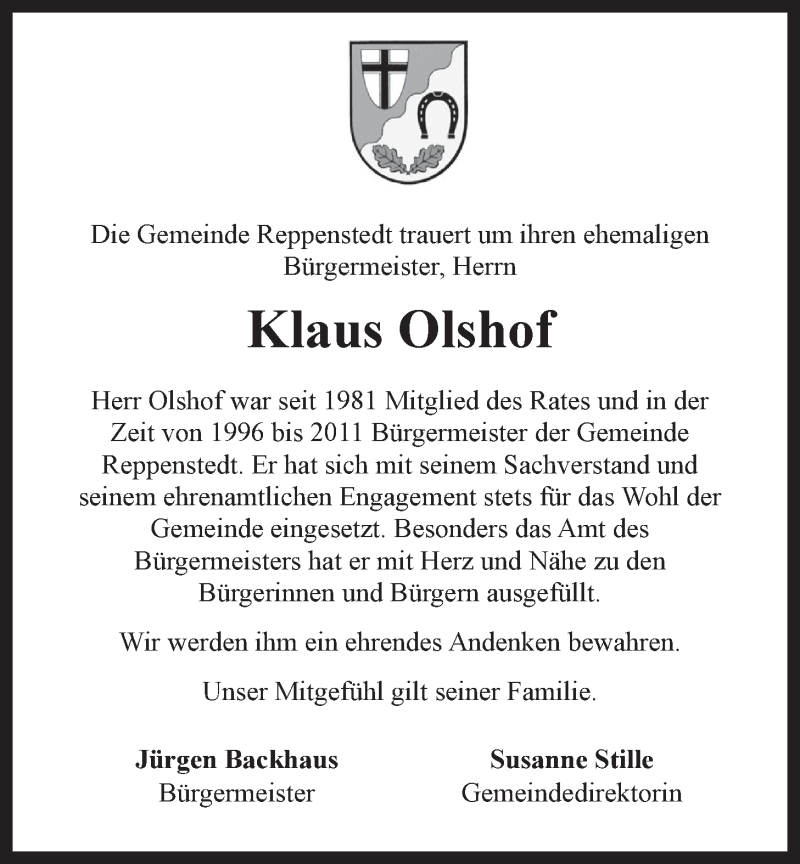  Traueranzeige für Klaus Olshof vom 29.06.2016 aus LZ
