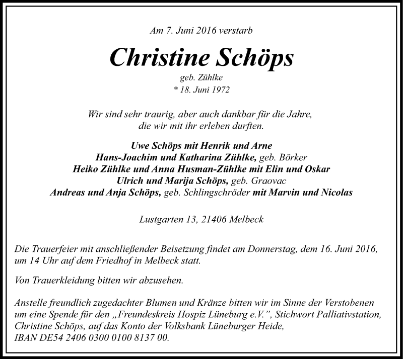  Traueranzeige für Christine Schöps vom 11.06.2016 aus LZ