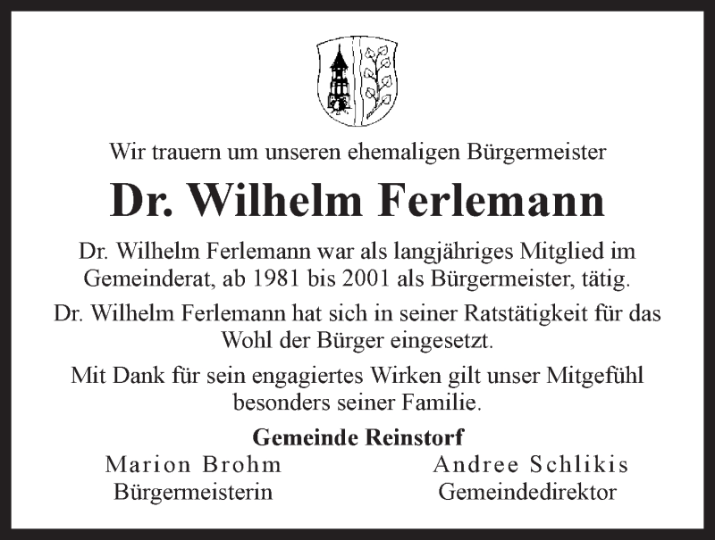  Traueranzeige für Wilhelm Ferlemann vom 25.08.2016 aus LZ