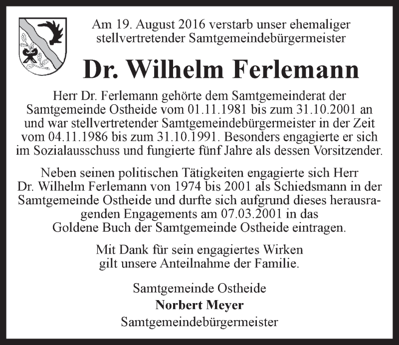  Traueranzeige für Wilhelm Ferlemann vom 25.08.2016 aus LZ