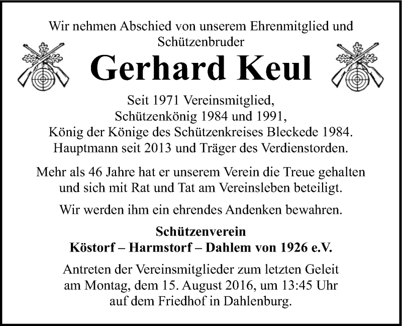  Traueranzeige für Gerhard Keul vom 09.08.2016 aus LZ