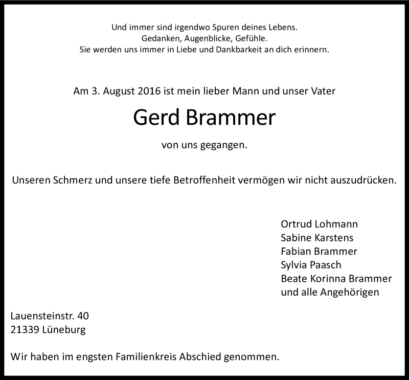  Traueranzeige für Gerd Brammer vom 24.08.2016 aus LZ