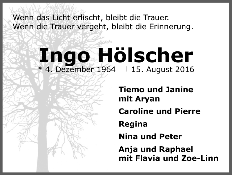  Traueranzeige für Ingo Hölscher vom 20.08.2016 aus LZ