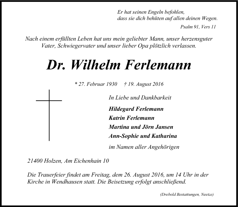  Traueranzeige für Wilhelm Ferlemann vom 24.08.2016 aus LZ