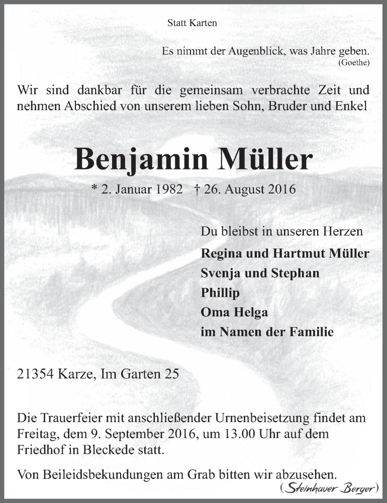  Traueranzeige für Benjamin Müller vom 03.09.2016 aus LZ