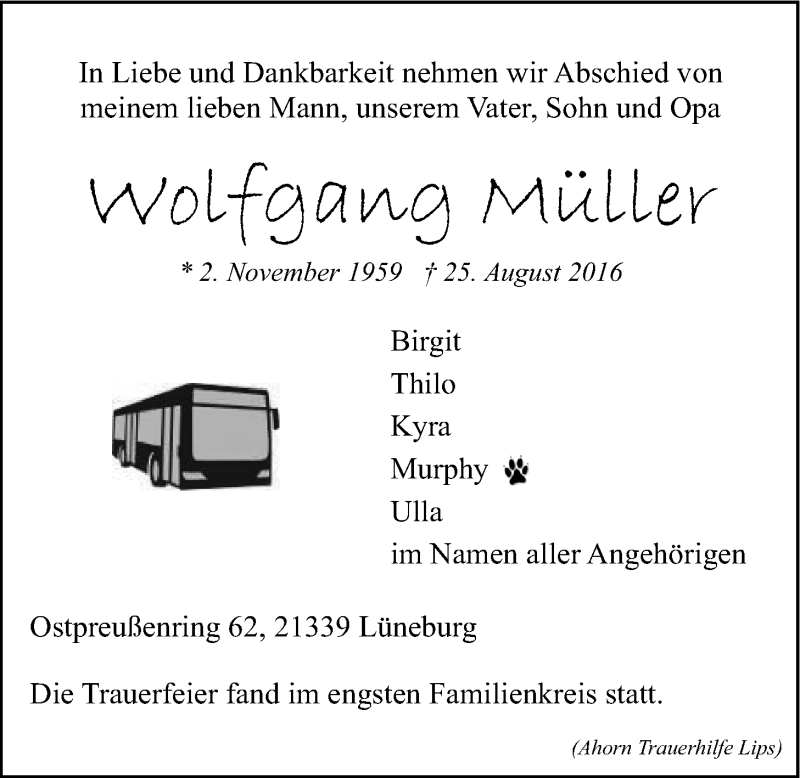  Traueranzeige für Wolfgang Müller vom 08.09.2016 aus LZ