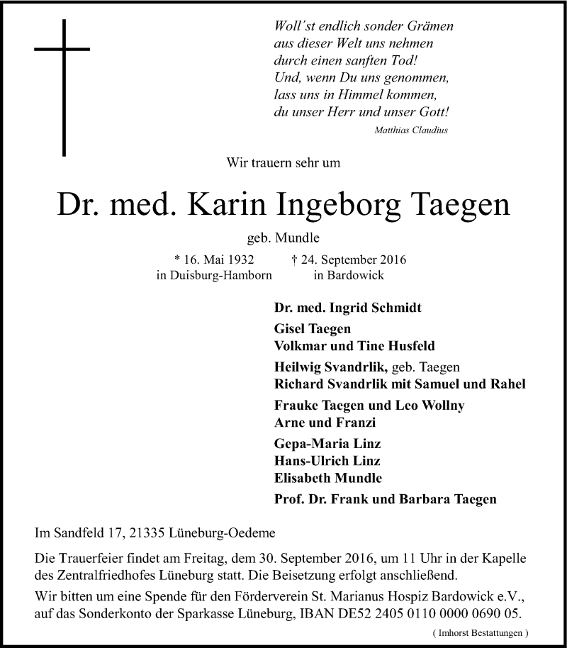  Traueranzeige für Karin Ingeborg Taegen vom 27.09.2016 aus LZ