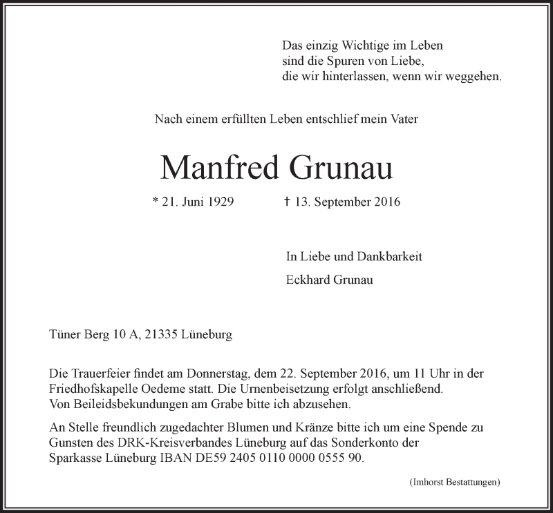  Traueranzeige für Manfred Grunau vom 17.09.2016 aus LZ
