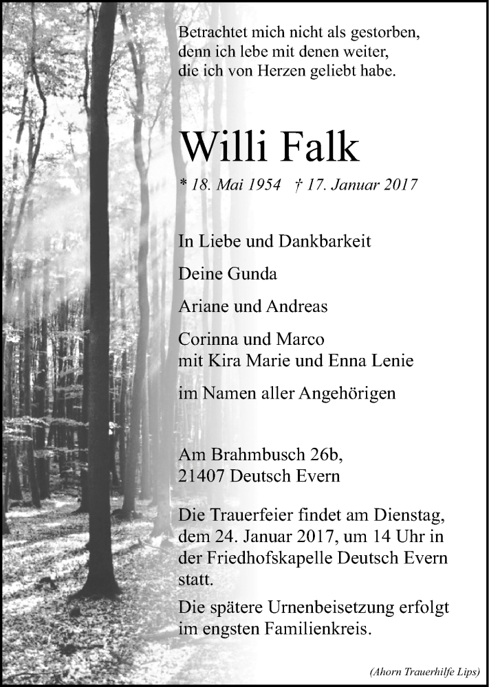  Traueranzeige für Willi Falk vom 20.01.2017 aus LZ