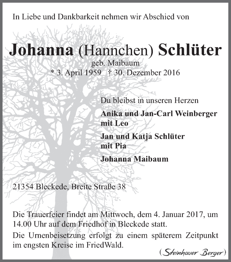  Traueranzeige für Johanna Schlüter vom 31.12.2016 aus LZ