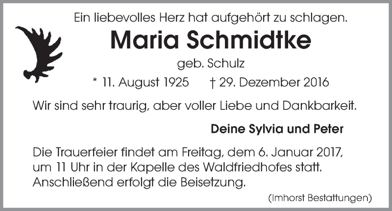  Traueranzeige für Maria Schmidtke vom 31.12.2016 aus LZ