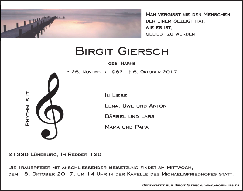  Traueranzeige für Birgit Giersch vom 14.10.2017 aus LZ