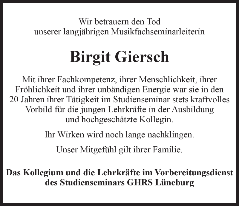  Traueranzeige für Birgit Giersch vom 14.10.2017 aus LZ