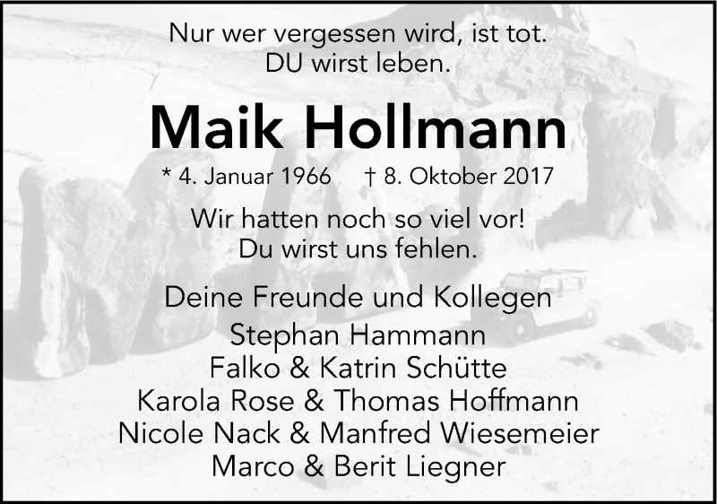  Traueranzeige für Maik Hollmann vom 14.10.2017 aus LZ