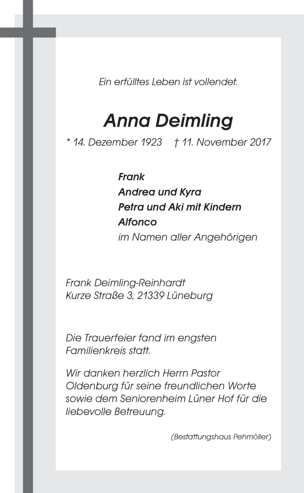  Traueranzeige für Anna Deimling vom 25.11.2017 aus LZ
