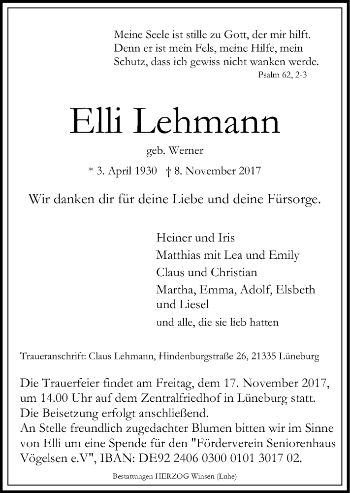  Traueranzeige für Elli Lehmann vom 11.11.2017 aus LZ