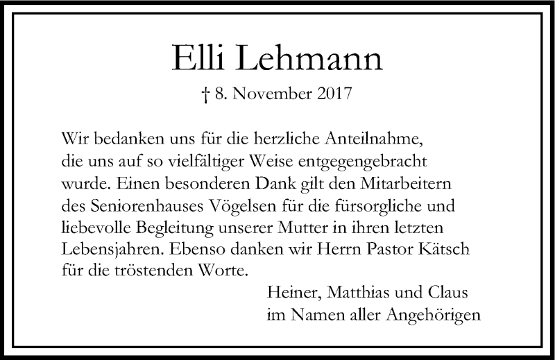  Traueranzeige für Elli Lehmann vom 09.12.2017 aus LZ