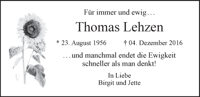  Traueranzeige für Thomas Lehzen vom 04.12.2017 aus LZ
