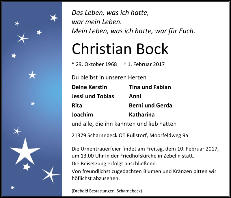  Traueranzeige für Christian Bock vom 07.02.2017 aus LZ