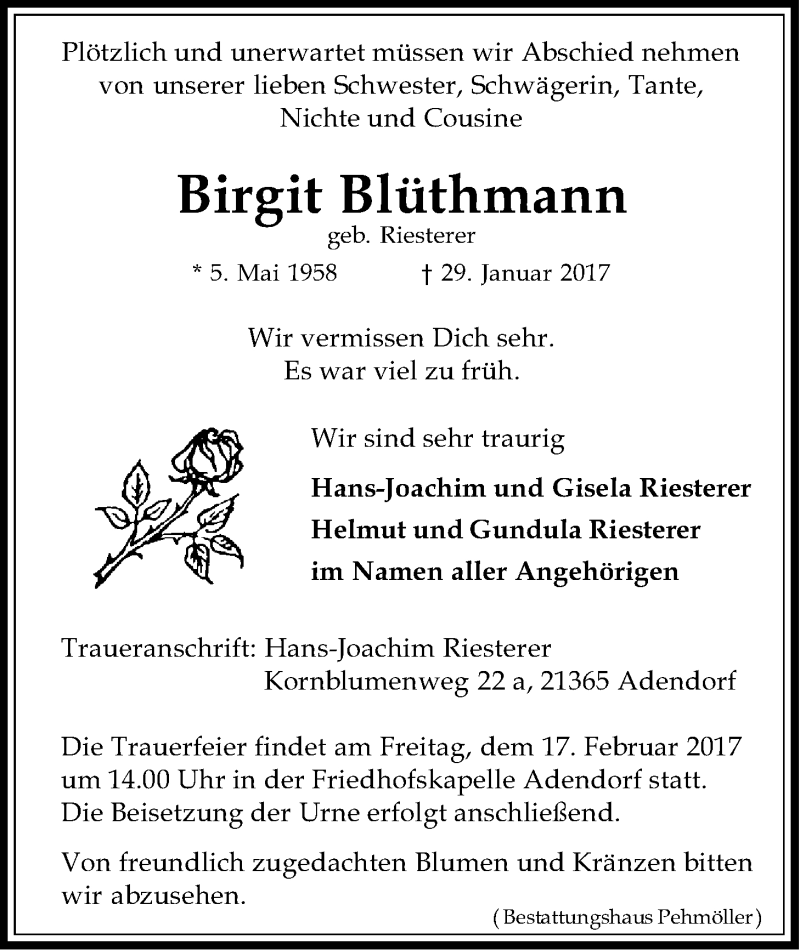  Traueranzeige für Birgit Blüthmann vom 14.02.2017 aus LZ