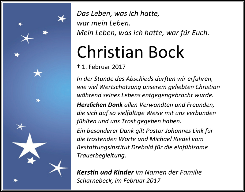  Traueranzeige für Christian Bock vom 25.02.2017 aus LZ