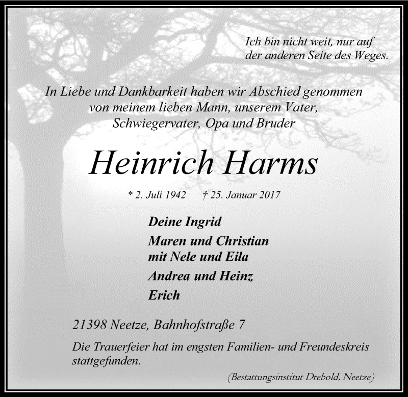  Traueranzeige für Heinrich Harms vom 02.02.2017 aus LZ