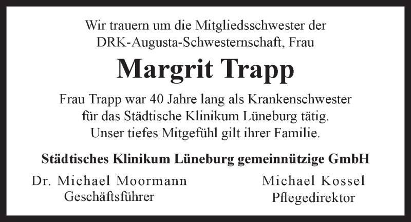  Traueranzeige für Margrit Trapp vom 25.03.2017 aus LZ