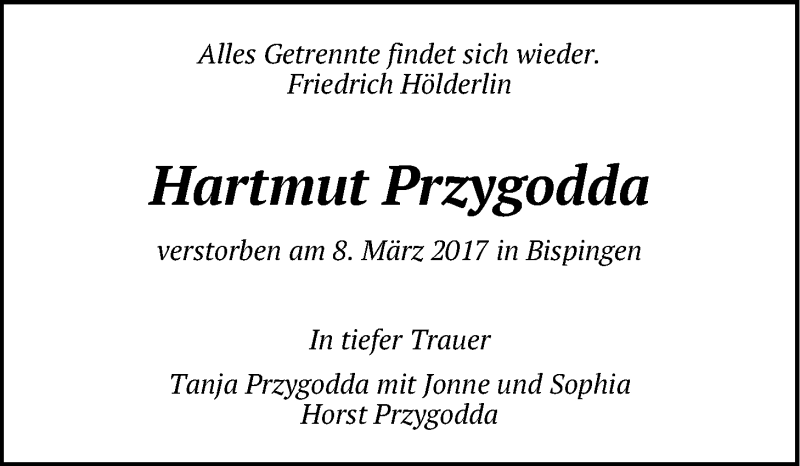  Traueranzeige für Hartmut Przygodda vom 18.03.2017 aus LZ