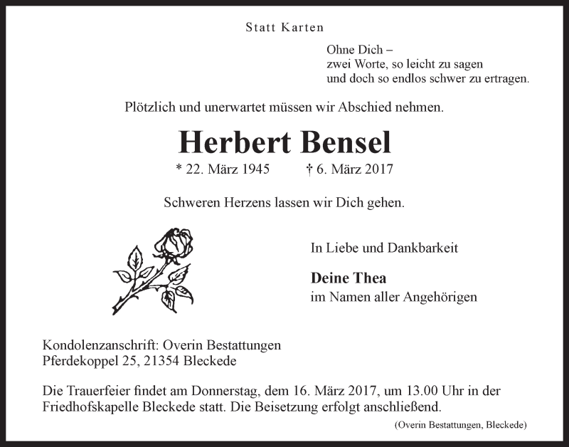  Traueranzeige für Herbert Bensel vom 11.03.2017 aus LZ
