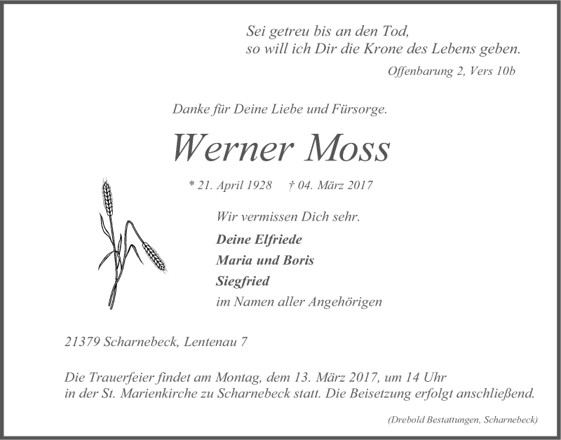  Traueranzeige für Werner Moss vom 08.03.2017 aus LZ