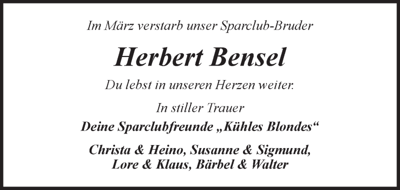  Traueranzeige für Herbert Bensel vom 13.03.2017 aus LZ