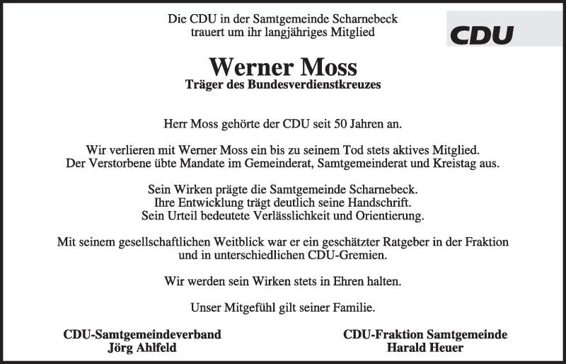  Traueranzeige für Werner Moss vom 08.03.2017 aus LZ