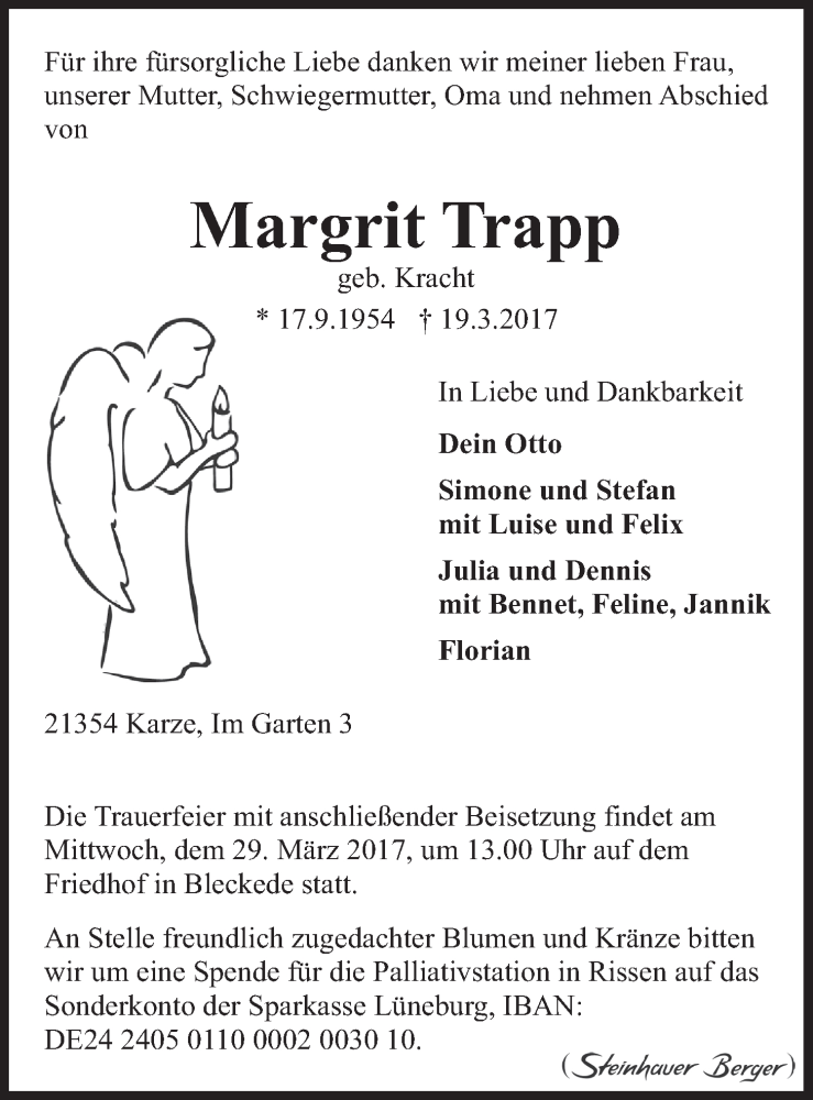  Traueranzeige für Margrit Trapp vom 22.03.2017 aus LZ